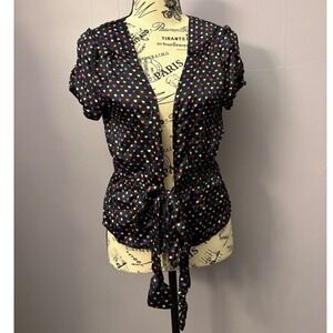 Y2K Indie Sleaze Heart Print Tie Waist Satin Blouse Top Charlotte Solnicki ‎ S-M